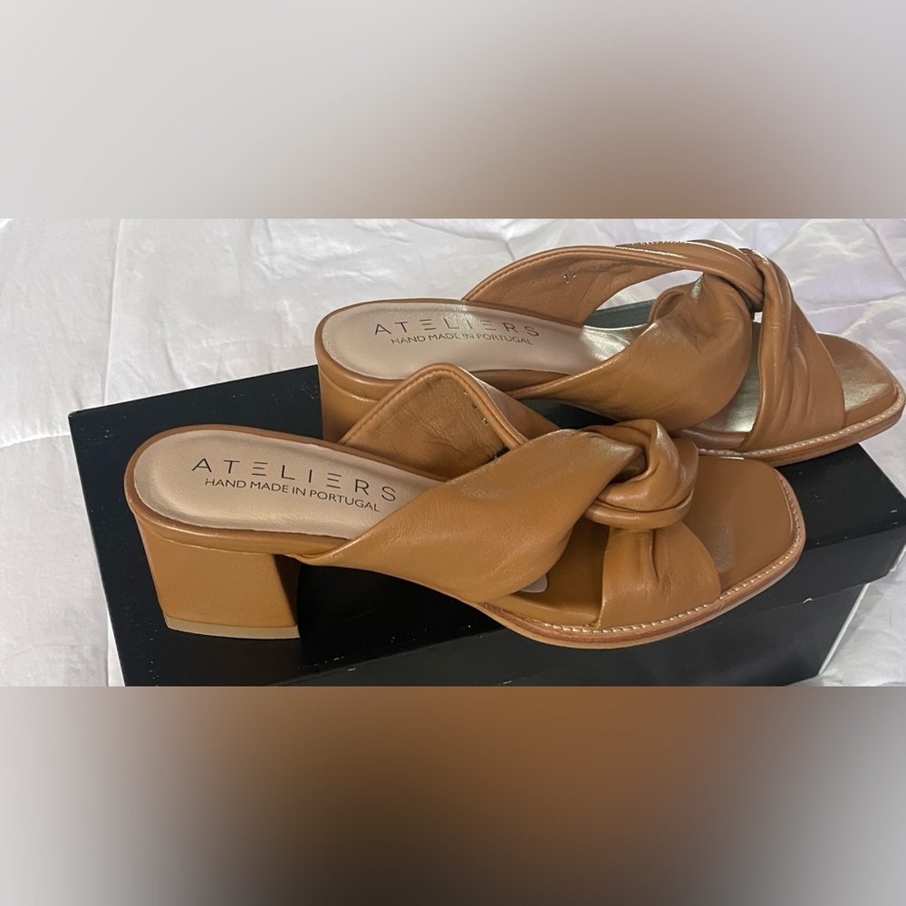 Ateliers Doria Tan Leather 2” Block Heel Sandals - Picture 9 of 11